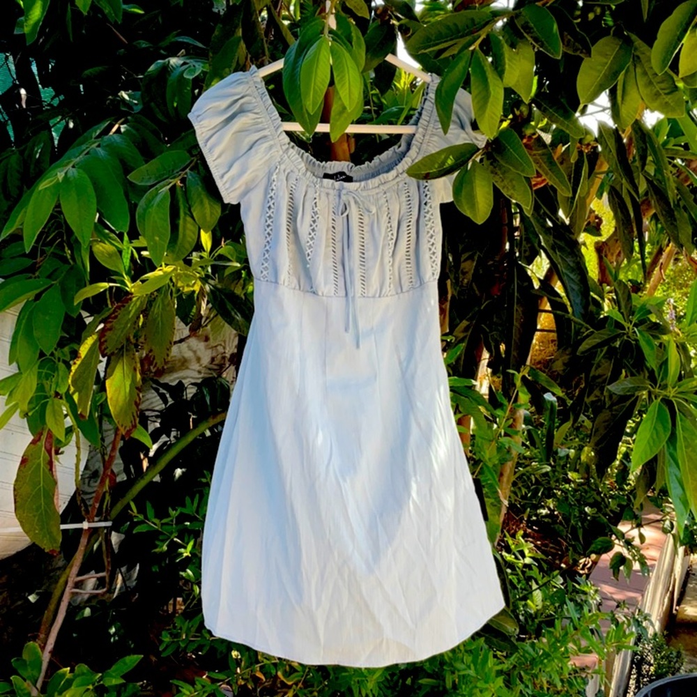 Lulu Wisteria Baby Blue Embroidered Off-the-Shoulder Mini Dress